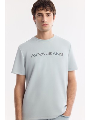 Erkek Gri Bisiklet Yaka Reflektör Baskılı Interlok T-Shirt A51Y1037