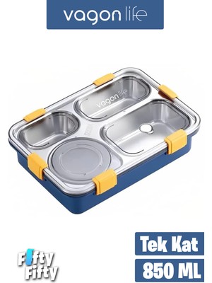 Vagonlife Lunchbox  Büyük Ebat 850 ml (Paslanmaz Çelik Tek Kat Dört Bölmeli Çorba Kaseli Lunch Box Yeni Nesil Sefer Tası -FFLBOX50433