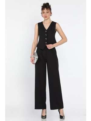 Gülseli Düğme Detaylı Astarlı Kadın Yelek Pantolon Ikili Takım