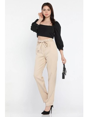 Gülseli Bel Bağlamalı Lastikli Kadın Boru Paça Büyük Beden Pantolon