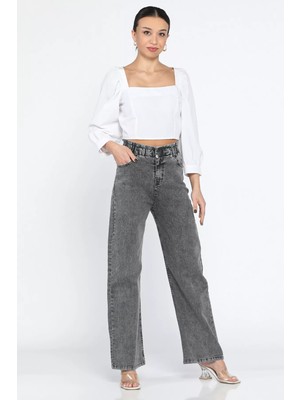 Çift Düğme Detaylı Bol Paça Likralı Kadın Jean Kot Pantolon P-00011002