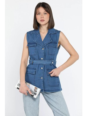 Cepli Bel Kemerli Kadın Likralı Jean Kot Yelek P-00011487