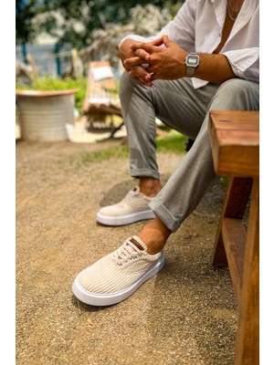 Pabucmarketi Bağcıklı Kadife Kumaş Erkek Günlük Ayakkabı Beyaz