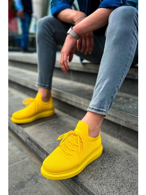 Pabucmarketi Bağcık Detaylı Triko Kumaş Erkek Spor Ayakkabı Sarı
