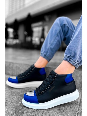 Pabucmarketi Bağcıklı Erkek Sneaker Bot Siyah Saks Mavi
