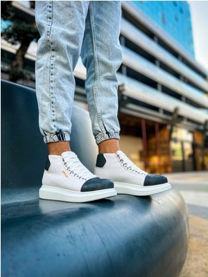 Pabucmarketi Bağcıklı Erkek Sneaker Bot Beyaz Antrasit