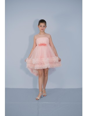 Kız Çocuk Abiye Pudra Etekleri Fırfırlı Kuyruklu Beli Çiçekli Abiye 6-10 Yaş