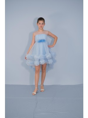 Kız Çocuk Abiye Mavi Etekleri Fırfırlı Kuyruklu Beli Çiçekli Abiye 6-10 Yaş