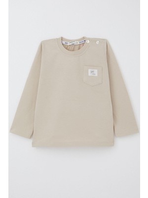 Breeze Erkek Bebek Uzun Kollu Tişört Cep Detaylı Cool Yazı Armalı 9 Ay-3 Yaş, Bej