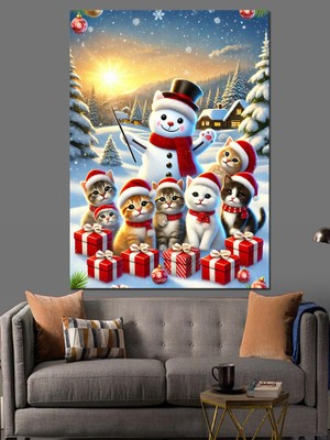 Kardan Adam Kediler Yılbaşı Kutlaması Dekoratif Kanvas - Mdf Ahşap Tablo