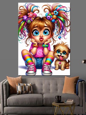 Çizgi Film Kız ve Köpek Dekoratif Kanvas - Mdf Ahşap Tablo