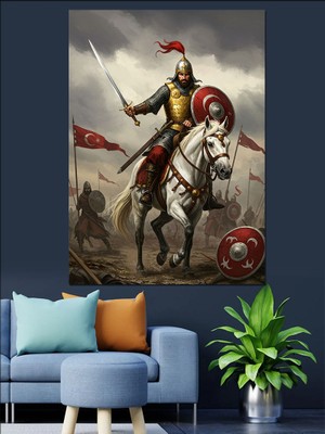 Savaşçı ve Türk Bayrağı Dekoratif Kanvas - Mdf Ahşap Tablo