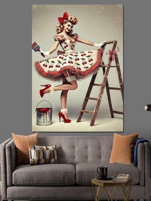 Merdivende Retro Kadın Dekoratif Kanvas - Mdf Ahşap Tablo