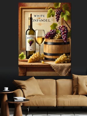 Beyaz Şarap ve Üzümler Dekoratif Kanvas - Mdf Ahşap Tablo