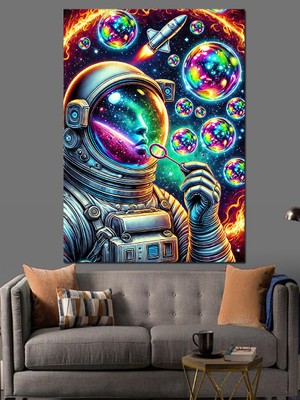 Baloncuklu Uzay Astronotu Dekoratif Kanvas - Mdf Ahşap Tablo