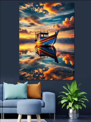 Gün Batımında Tekne Dekoratif Kanvas - Mdf Ahşap Tablo