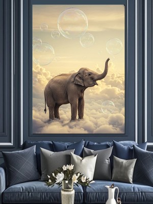 Bulutlarda Fil Silüeti Dekoratif Kanvas - Mdf Ahşap Tablo