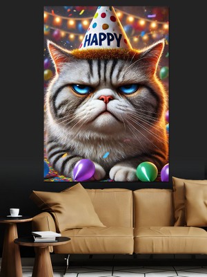 Doğum Günü Kutlayan Somurtkan Kedi Dekoratif Kanvas - Mdf Ahşap Tablo
