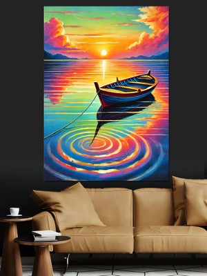Gün Batımında Tekne Manzarası Dekoratif Kanvas - Mdf Ahşap Tablo