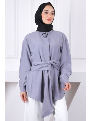 İmaj Butik Gri Bel Kuşaklı Modal Gömlek