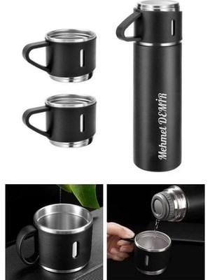 Home Dekor Hediye 3 Bardaklı Isime Kişiye Özel Hediye Paslanmaz Çelik Vakumlu Kahve Sıcak Soğuk Kamp Termos Seti Siyah