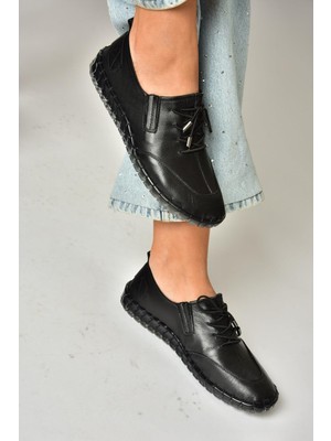 U555130503 Siyah Hakiki Deri Kadın Spor Ayakkabı