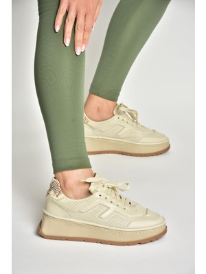 U555605603 Bej Hakiki Deri Kalın Tabanlı Spor Ayakkabı Sneakers