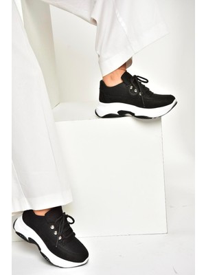 Fox Shoes U239032604 Siyah Kumaş Kalın Tabanlı Spor Ayakkabı Sneakers