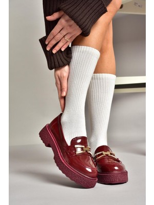 Fox Shoes T996198408 Bordo Rugan Kalın Tabanlı Makosen Kadın Ayakkabı