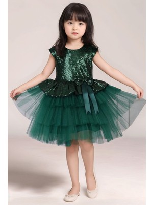 Payetli Yeşil Çocuk Abiye Gösteri Parti Elbisesi 23NISAN Elbisesi ABY181