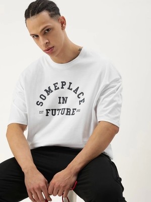 Veraura Lifestyle Erkek Baskılı Oversize T-Shirt - Beyaz