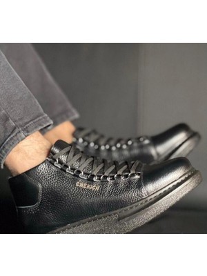 Pabucmarketi Bağcıklı  Deri Erkek Sneaker Bot Siyah