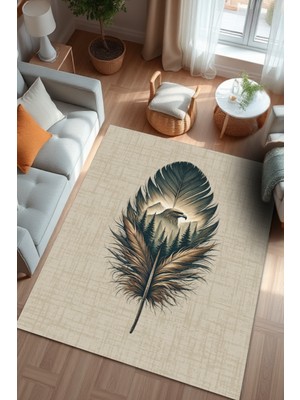 The Reef Design Kartal Desenli Halı Kuş Tüyü Desenli Puslu Orman Temalı Halı Vahşi Doğa Temalı Diital Baskılı Yazlık Halısı