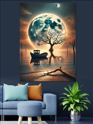 Ay Manzarası ve Ağaç Dekoratif Kanvas - Mdf Ahşap Tablo