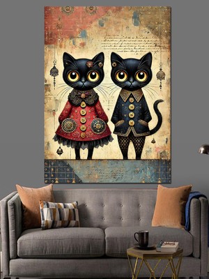 Sevimli Siyah Kediler Dekoratif Kanvas - Mdf Ahşap Tablo
