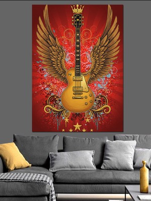 Kanatlı Altın Gitar Afişi Dekoratif Kanvas - Mdf Ahşap Tablo