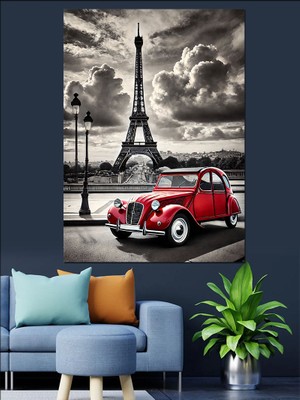 Eyfel Kulesi ve Klasik Araba Dekoratif Kanvas - Mdf Ahşap Tablo