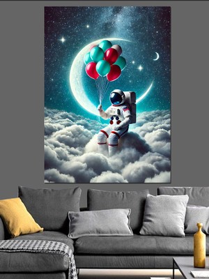 Uzayda Balon Tutan Astronot Dekoratif Kanvas - Mdf Ahşap Tablo