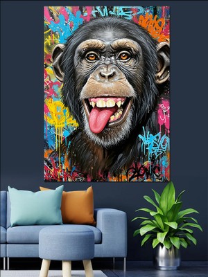 Neşeli Şempanze Yüzü Dekoratif Kanvas - Mdf Ahşap Tablo