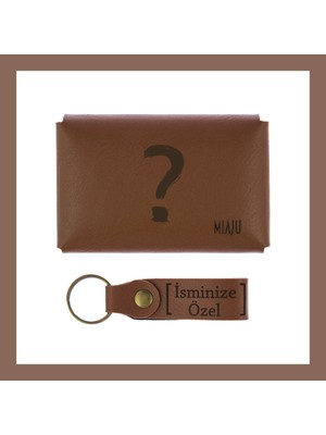 Kahve Renk, Soru Desenli, Isme Özel Cüzdan ve Anahtarlık Set, Değer Verdiğine Eşsiz Hediye Takım