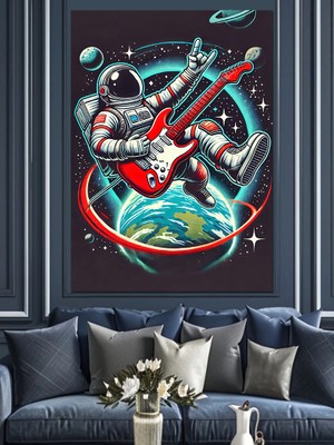 Uzayda Gitar Çalan Astronot Dekoratif Kanvas - Mdf Ahşap Tablo