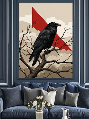 Ağaç Dalında Karga Dekoratif Kanvas - Mdf Ahşap Tablo