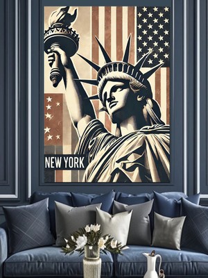 Özgürlük Heykeli ve Retro Tasarım Dekoratif Kanvas - Mdf Ahşap Tablo