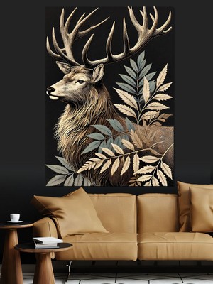 Antik Geyik ve Yaprak Sembolü Dekoratif Kanvas - Mdf Ahşap Tablo