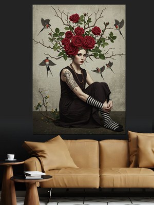 Gül Taçlı Kadın Portresi Dekoratif Kanvas - Mdf Ahşap Tablo