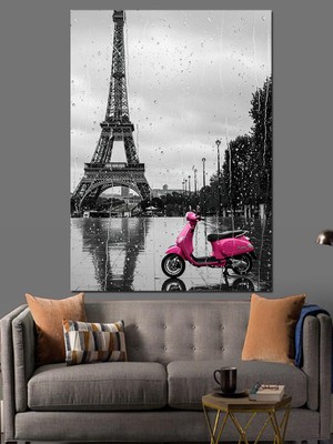 Eyfel Kulesi ve Yağmurda Pembe Motosiklet Dekoratif Kanvas - Mdf Ahşap Tablo
