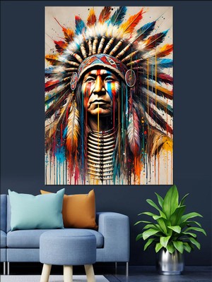 Renkli Kızılderili Şefi Dekoratif Kanvas - Mdf Ahşap Tablo