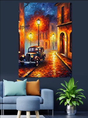 Eski Araba ve Renkli Sokak Dekoratif Kanvas - Mdf Ahşap Tablo