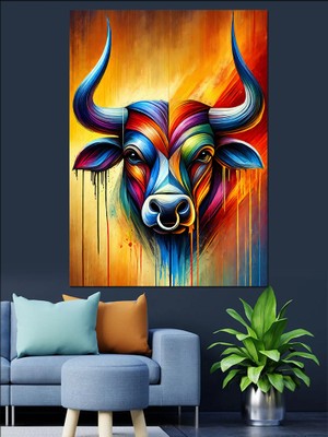 Renkli Boğa Illüstrasyonu Dekoratif Kanvas - Mdf Ahşap Tablo