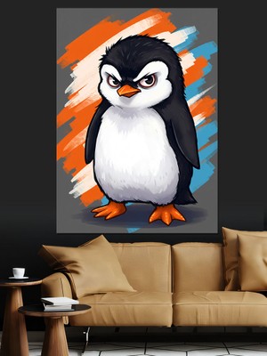 Sevimli Penguen Çizimi Dekoratif Kanvas - Mdf Ahşap Tablo